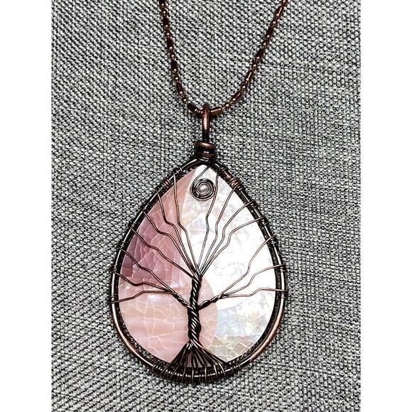 Necklace Mother of Pearl Tree of Life Wire Work Cooper Rose Gold Tone Chain 23” - Picture 11 of 13